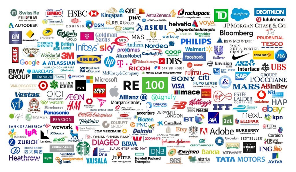 加入 RE100 之超過 340 家世界知名企業的品牌 Logo 圖